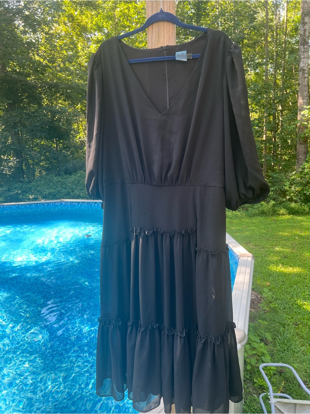 Gabby Skye Black V-Neck Puff Sleeve Tiered Midi Dress